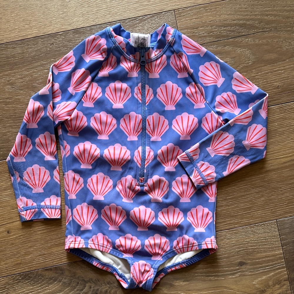 Hanna Andersson seashell rash guard swimsuit toddler 3t blue and pink